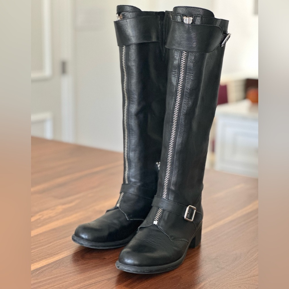 Women's Black Knee-High Combat Moto Boots with Front Zipper